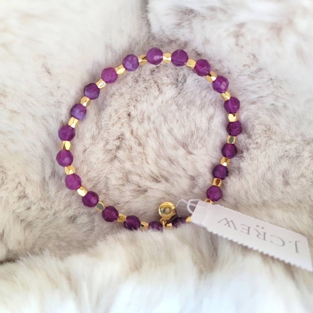 New! J Crew Beaded Bracelet - Bright Plum Purple & Gold NWT